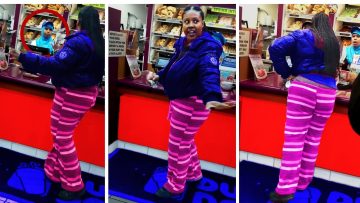 Woman in colorful outfit at bakery counter