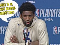 Basketball player at NBA playoffs press conference.