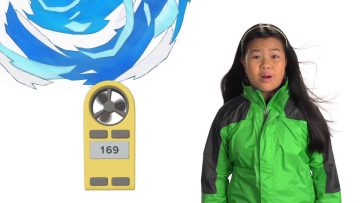 Child in green jacket beside blue spiral graphic.