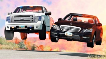 SUV and car jumping on colorful road.