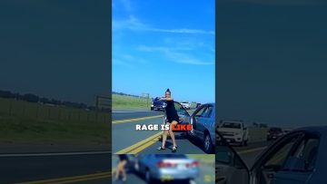 Person expressing anger beside car on road.