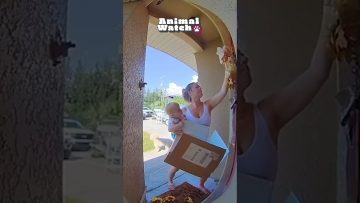 Woman holding baby and package at door