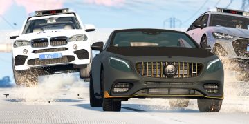 Cars racing on snowy road with police chase