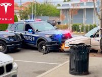 Police cars surround white car in parking lot incident.