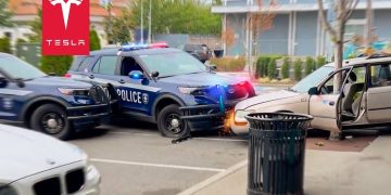 Police cars surround white car in parking lot incident.