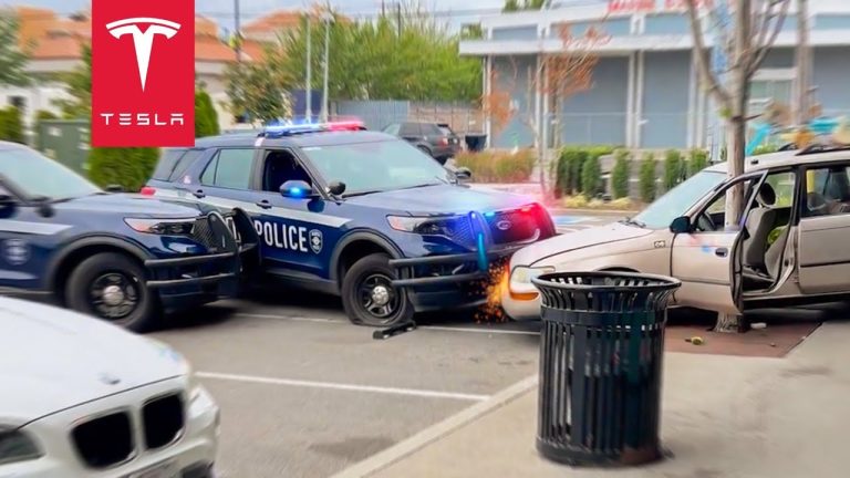 Police cars surround white car in parking lot incident.