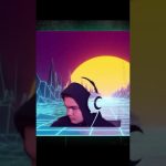 Person with headphones in retro digital landscape