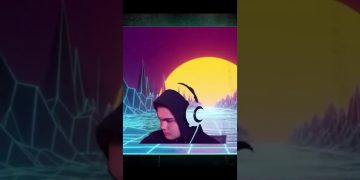 Person with headphones in retro digital landscape