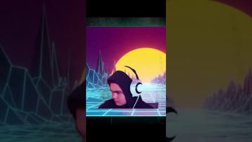 Person with headphones in retro digital landscape