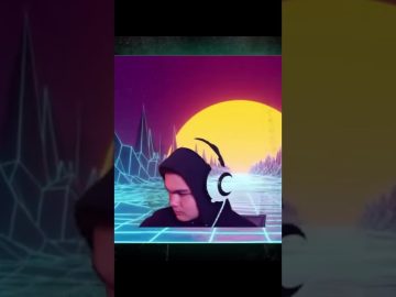 Person with headphones in retro digital landscape