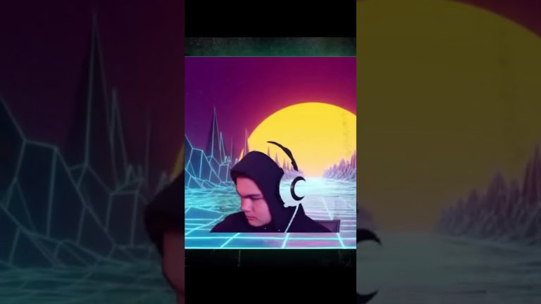 Person with headphones in retro digital landscape
