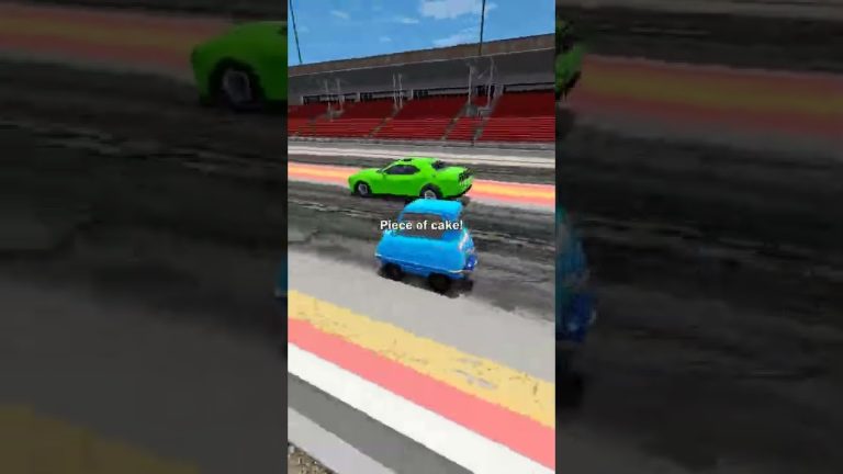 Blue car racing past green car on track.