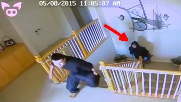 Security footage of figures on staircase, arrow pointing.