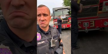 Police and firefighters near truck outdoors.