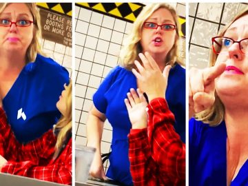 Woman arguing with another person in a restaurant.