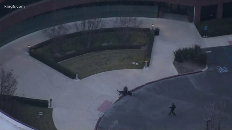 Helicopter view of building entrance and landscaping