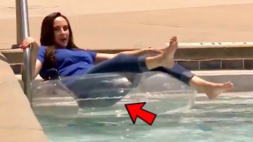 Woman on pool float with red arrow