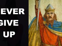 Motivational message with historical warrior illustration.