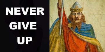 Motivational message with historical warrior illustration.