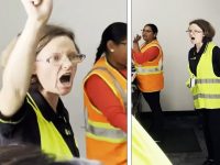 Airport workers expressing frustration and raising voices.