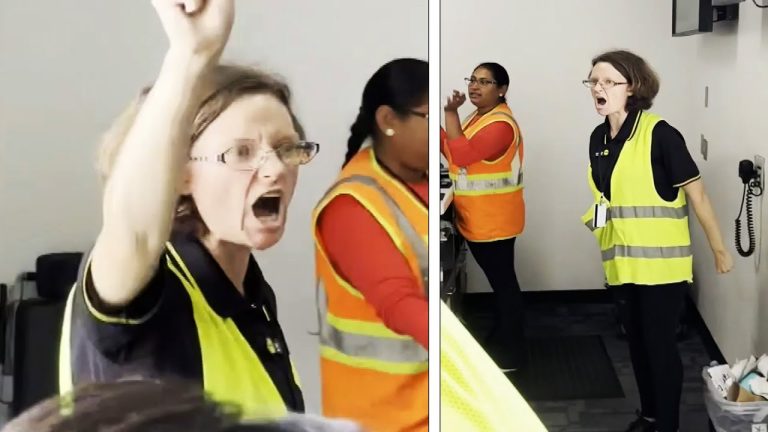 Airport workers expressing frustration and raising voices.