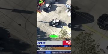 Aerial view of police car and officers on street.