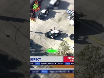 Aerial view of police car and officers on street.