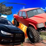 Police car, helicopter, truck action scene.