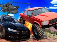 Police car, helicopter, truck action scene.