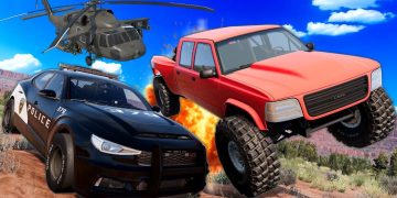 Police car, helicopter, truck action scene.