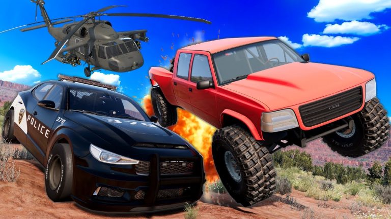 Police car, helicopter, truck action scene.