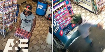 Convenience store security footage shows shopper taking drinks.