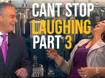 News anchors laughing on live broadcast.