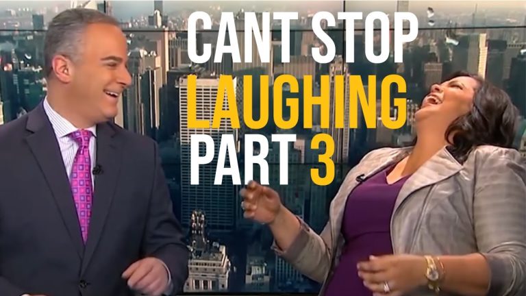 News anchors laughing on live broadcast.