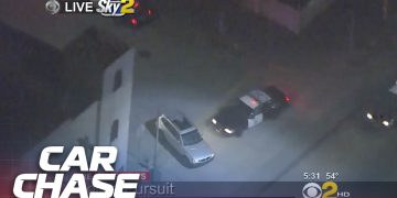 Aerial police car chase in downtown Los Angeles.