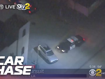 Aerial police car chase in downtown Los Angeles.