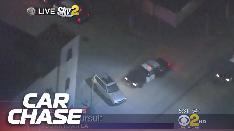 Aerial police car chase in downtown Los Angeles.