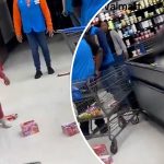 Child throwing food boxes in store aisle.