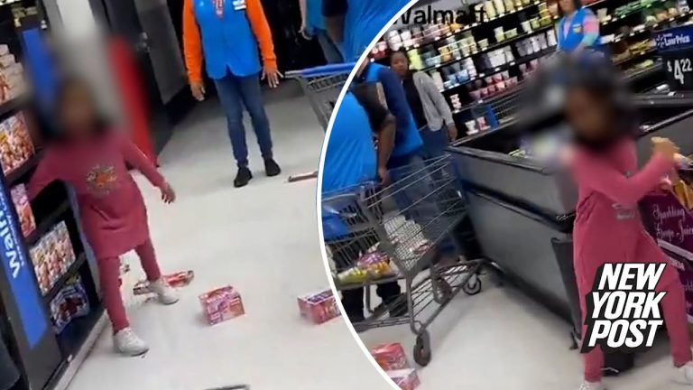 Child throwing food boxes in store aisle.