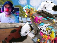 Colorful rifle and person with red nose playing game