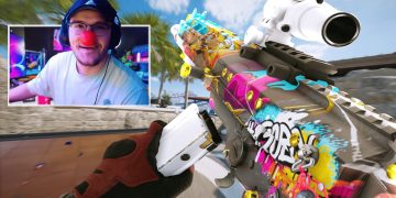 Colorful rifle and person with red nose playing game