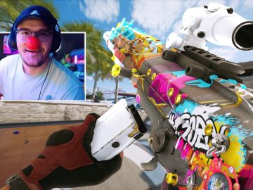 Colorful rifle and person with red nose playing game