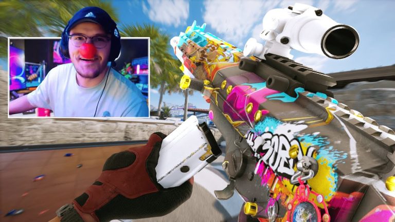 Colorful rifle and person with red nose playing game