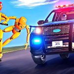 Crash test dummies on motorcycle chased by police car