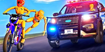 Crash test dummies on motorcycle chased by police car