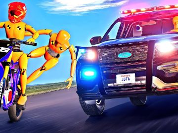 Crash test dummies on motorcycle chased by police car
