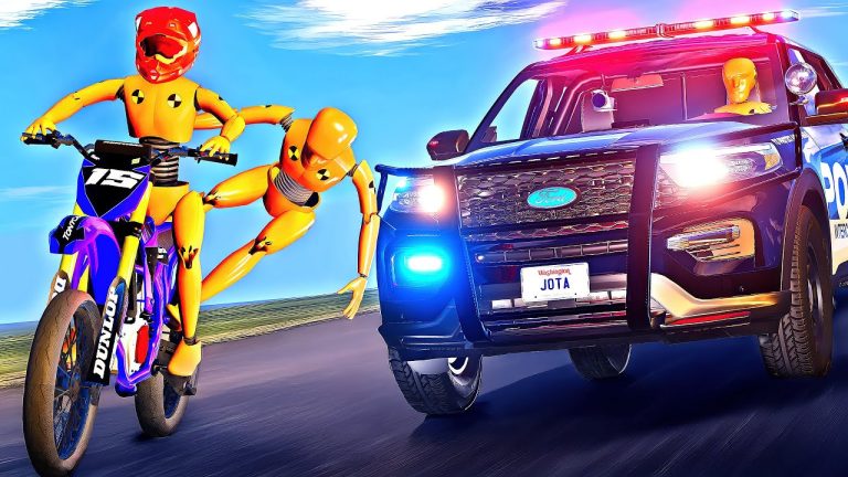 Crash test dummies on motorcycle chased by police car
