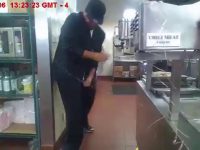 Person working in commercial kitchen spills liquid