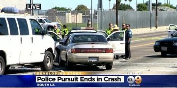 Police pursuit ends in South LA crash scene.