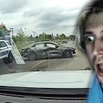 Police car crash and shocked person reaction